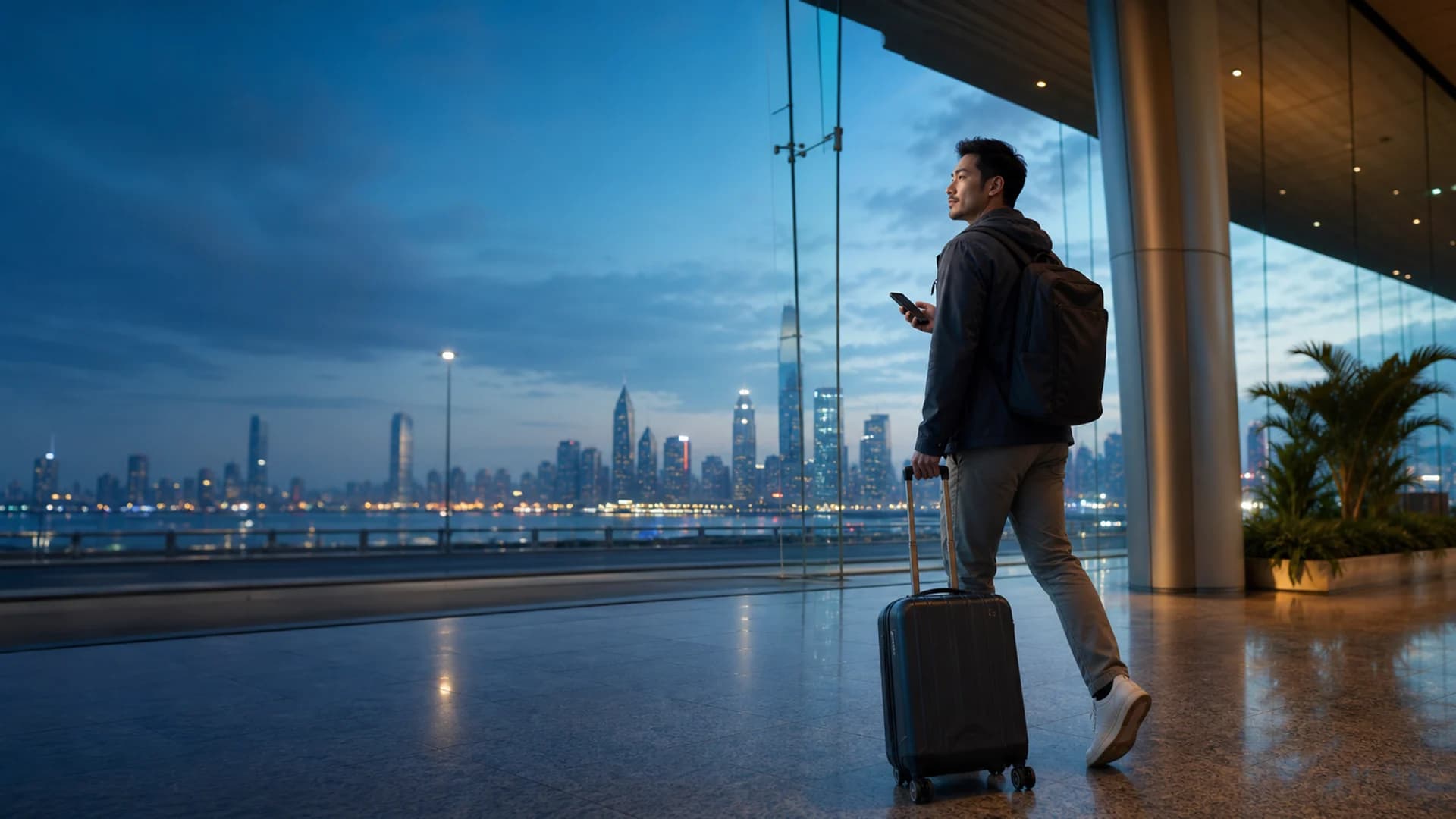 A traveller arriving in a global city at blue hour