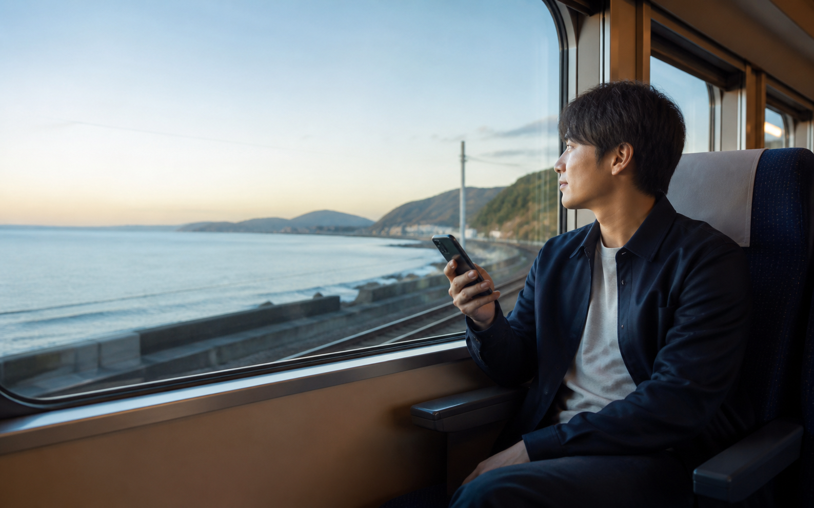 A traveller documenting a coastal train journey in Japan